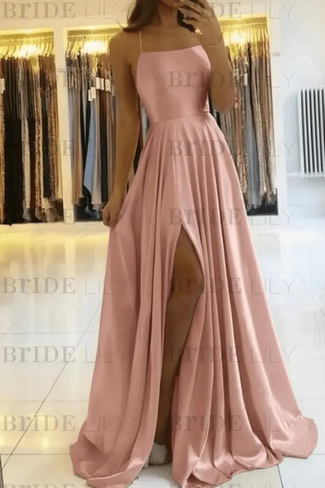 Blushing Pink Simple Prom Dress Long With Spaghetti Straps Front Slit Satin Evening Dress
