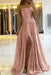 Blushing Pink Simple Prom Dress Long With Spaghetti Straps Front Slit Satin Evening Dress