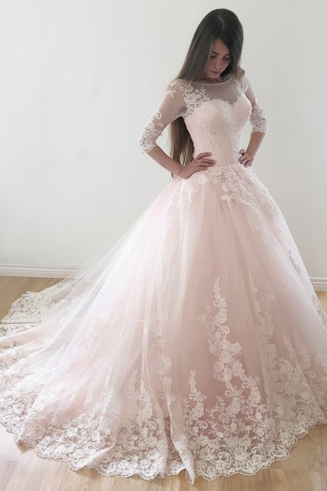 Blushing Pink Puffy Half Sleeves Long Vintage Tulle Bateau Appliques Wedding Dress - Wedding Dresses