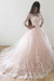 Blushing Pink Puffy Half Sleeves Long Vintage Tulle Bateau Appliques Wedding Dress - Wedding Dresses