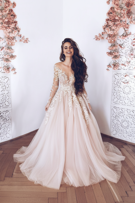 Blushing Pink Romantic Long Sleeves Appliques Ruffles Wedding Dresses - wedding dresses