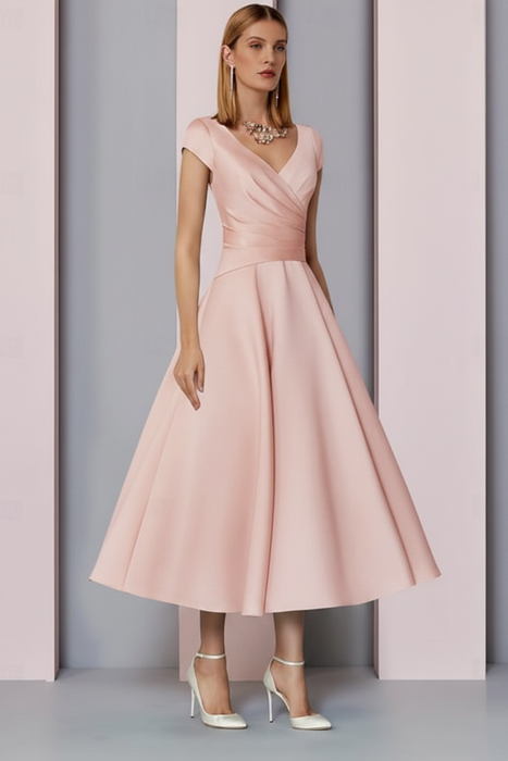 Blushing Pink Satin A-Line Mother of the Bride Dress V Neck Tea Length Wedding Guest Dress - Prom Dresses