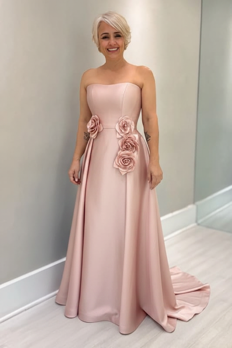 Blushing Pink Satin Mother of the Bride Dress Strapless with Flowers - Prom Dresses