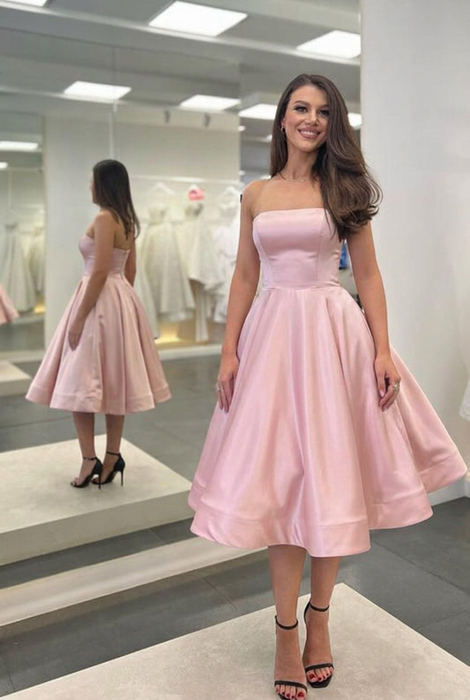 Blushing Pink Satin Strapless Prom Dress