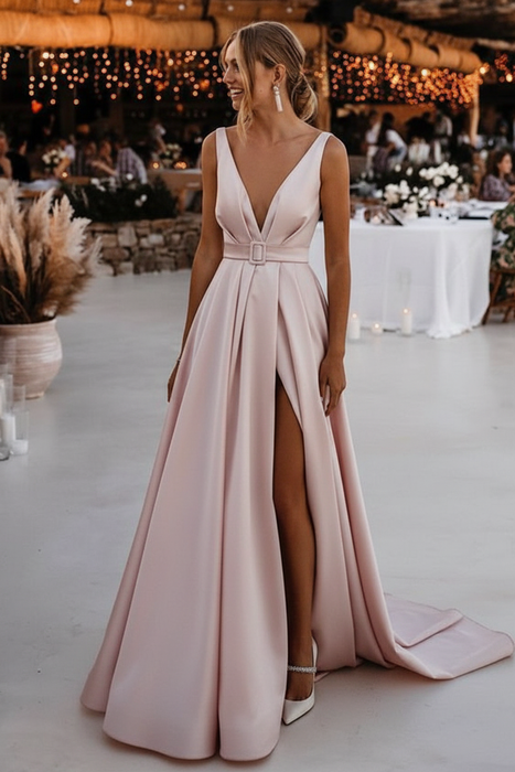 Blushing Pink Satin Wedding Dress Open Back Bridal Dress with Split