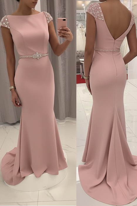 Blushing Pink Sequined Fitted Cap Sleeve Mermaid Prom Dress Formal Gown - Prom Dresses