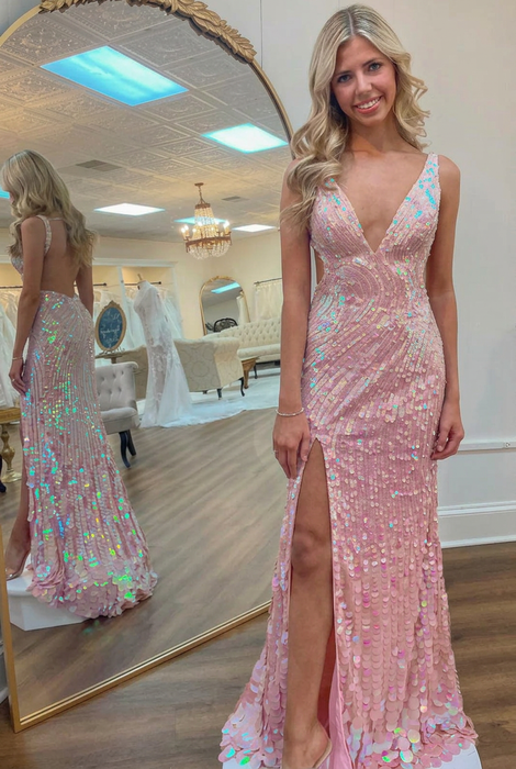 Blushing Pink Sequins V Neck Backless Sleeveless High Slit Prom Dress