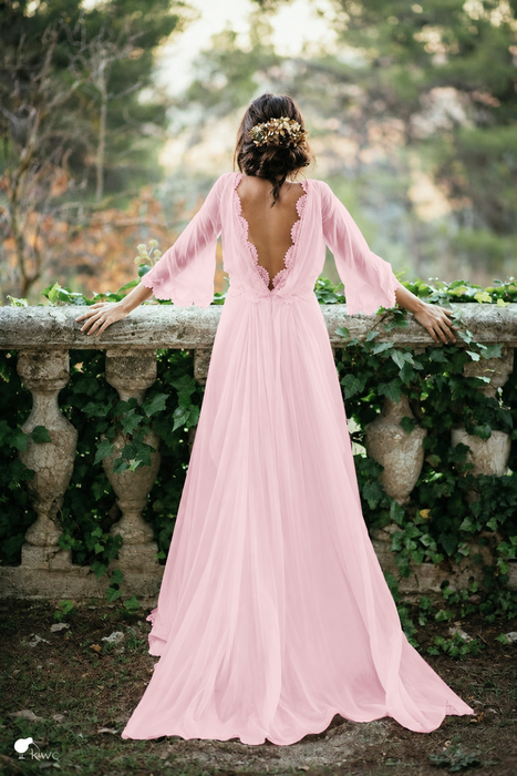 Blushing Pink Boho 3/4 Sleeves Backless Long Chiffon Beach Wedding Dress
