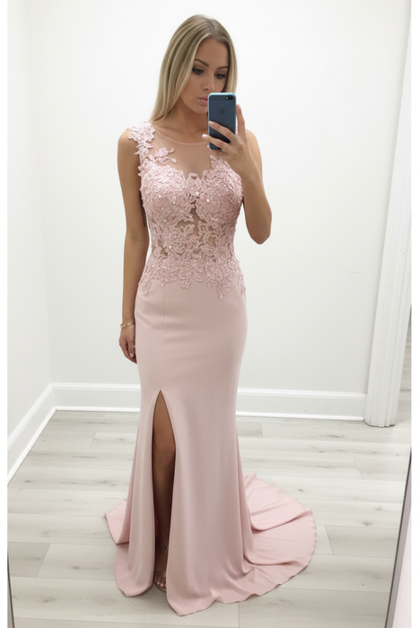 Blushing Pink Sheath/Column Scoop Sleeveless Applique Chiffon Dresses - Prom Dresses