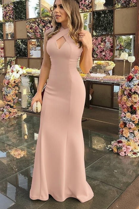 Blushing Pink Sheath Sleeveless Halter Floor-Length With Ruffles Satin Dresses - Prom Dresses