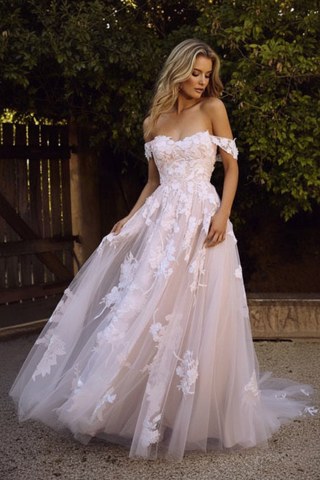 blushing pink wedding dresses a line off the shoulder  lace flora appliqued tulle bridal gown with train