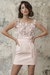 Blushing Pink Short Wedding Dresses Illusion Neckline Jewel Neck Short Sleeves Sheath Natural Waist Lace Bows Cut-Outs Ruffles Bridal Dresses