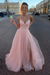 Blushing Pink Simple A Line V Neck Tulle Long Prom Dresses with High  Split