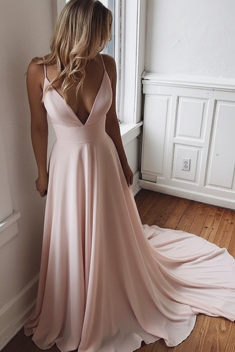 Blushing Pink Simple V Neck Chiffon A Line Covered Button Boho Wedding Dresses 