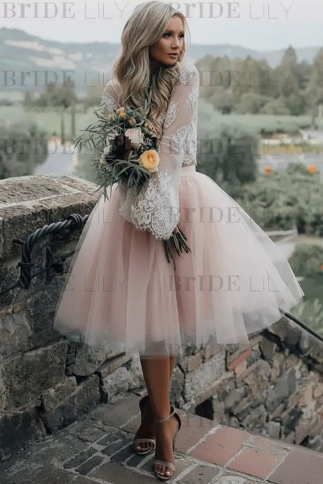 Blushing Pink Simple Wedding Dress A Line Designed Neckline Lace Tulle Bridal Gowns