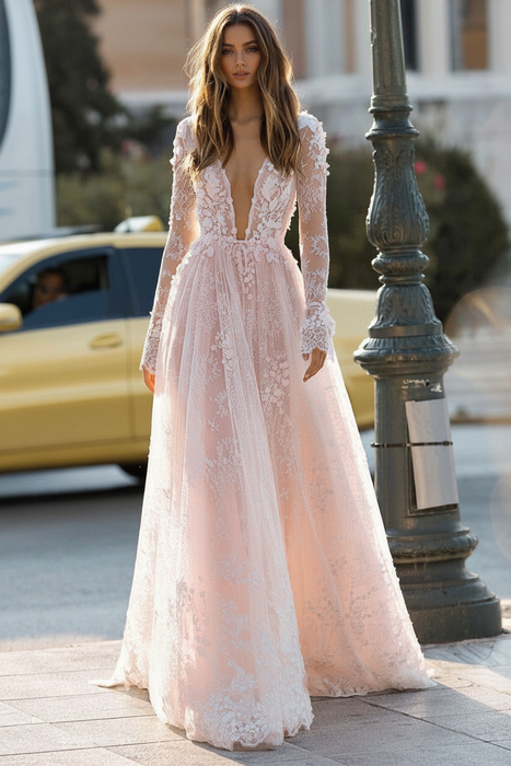 Simple Wedding Dress A Line Long Sleeves Lace Bridal Gowns-Bridelily