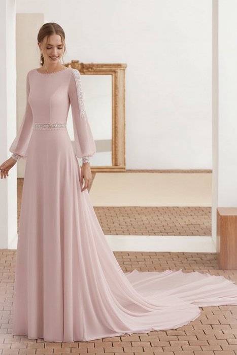 Blushing Pink Simple Wedding Dress With Train Chiffon Halter Long Sleeves Lace A Line Bridal Dresses