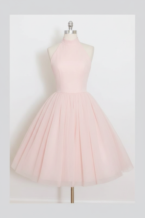 Blushing Pink Sleeveless Homecoming Simple Halter Party Dresses Tea Length Graduation Dress