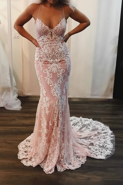 Blushing Pink Spaghetti Strap Mermaid Lace Applique Long Train Wedding Dress - Wedding Dresses