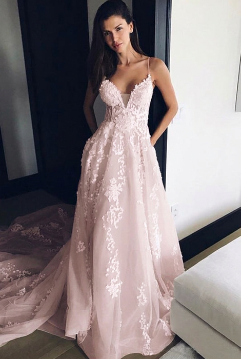 Blushing Pink Spaghetti Strap V Neck Beach Court Train Tulle Wedding Dress with Lace 