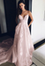 Blushing Pink Spaghetti Strap V Neck Beach Court Train Tulle Wedding Dress with Lace 