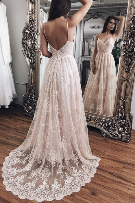 Blushing Pink Spaghetti Straps Backless Lace Beach Wedding Dresses - Prom Dresses