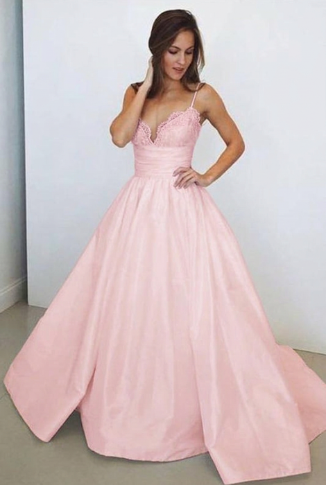 Blushing Pink Spaghetti Straps White V Neck Sleeveless Satin Beach Wedding Dress - Wedding Dresses