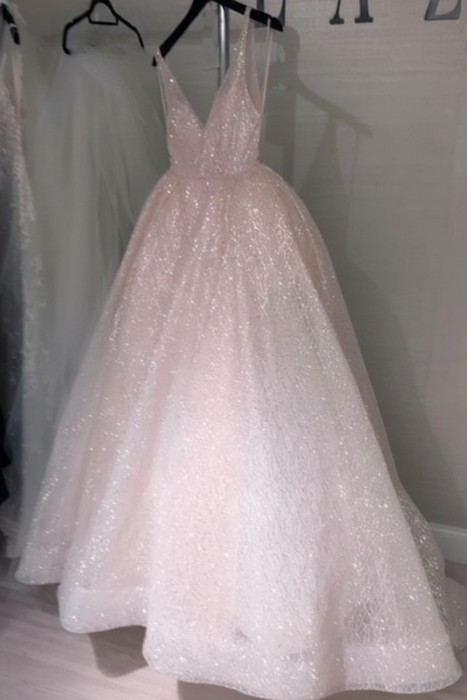 Sparkly A Line V Neck Backless Ivory Long Wedding Dress