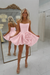 Blushing Pink Strapless Satin Bubble Homecoming Dress Short with 3D Rose Flower