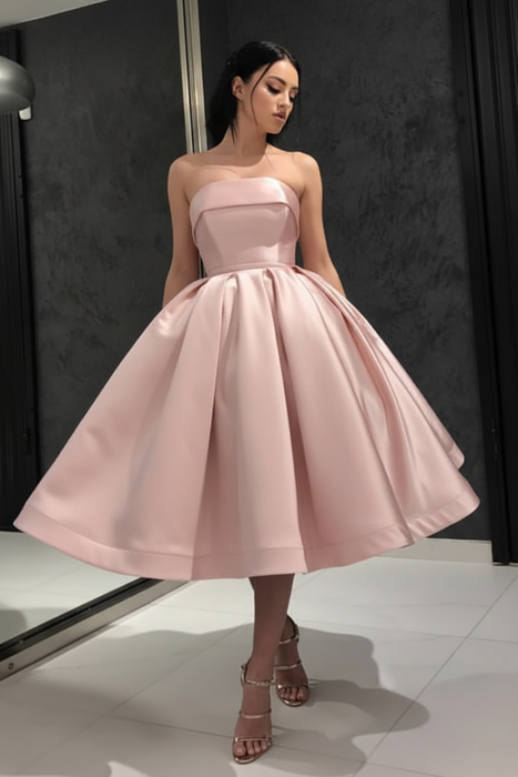 Blushing Pink Strapless Tea Length Prom Dress Sleeveless Aline Homecoming Dress Satin Cocktail Dress