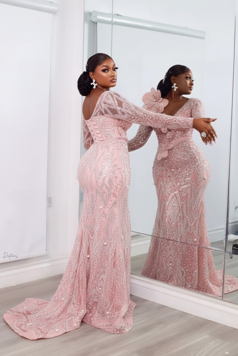 Blushing Pink Stylish One-Shoulder Deep V-Neck Mermaid Prom Dress with Appliques