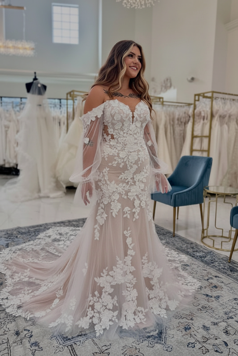 Blushing Pink Sweetheart Appliques Lace Mermaid Wedding Dresses Chapel Train
