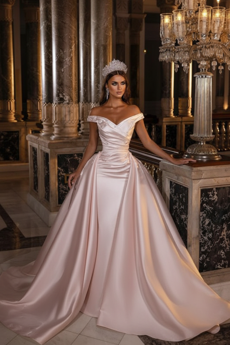 Blushing Pink Sweetheart Backless Satin A-Line Off-The-Shoulder Bridal Gown with Ruffled Appliques