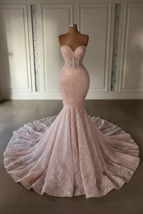 Blushing Pink Charming Strapless Mermaid Lace Wedding Dress with Appliques