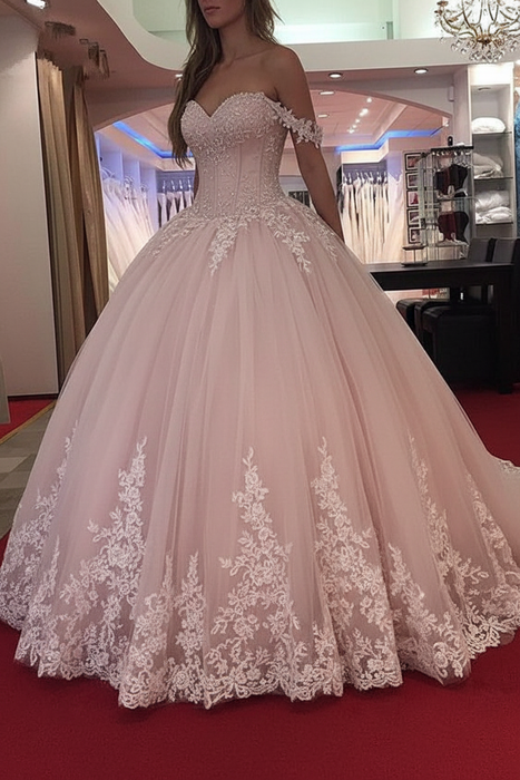 Blushing Pink Wedding Dress Princess Silhouette Sweetheart Neck Sleeveless Natural Waist Applique Tulle Bridal Dresses