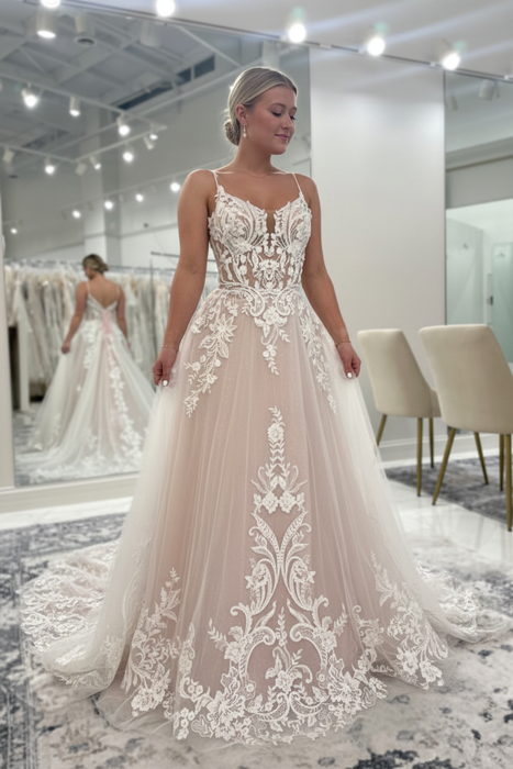 Blushing Pink Sweetheart Spaghetti Straps Appliques Lace A-Line Wedding Dresses