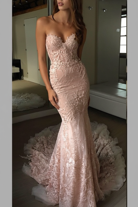 Blushing Pink Sweetheart Strapless Lace Trumpet Court Train Wedding Dress - Wedding Dresses