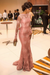 Blushing Pink Trumpet/Mermaid High Neck Long Sleeves Applique Sweep/Brush Train Satin Dresses - Prom Dresses