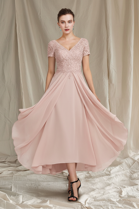 Blushing Pink V-Neck A-Line Princess Tea-Length Dresses for the Mother of the Bride