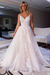 Blushing Pink V Neck Backless Lace Aline Wedding Dresses