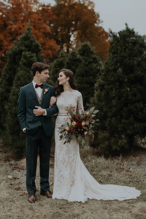 Blushing Pink Vintage Long Sleeves Backless Rustic Lace Wedding Dress - Wedding Dresses