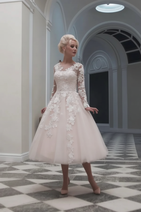 Blushing Pink Tulle Aline Wedding Dress with Appliques Long Sleeves Tea Length Bridal Dress