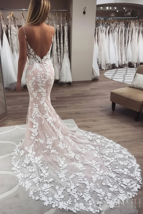 Blushing Pink Vintage Spaghetti Strap Mermaid Lace Appliques Boho Wedding Dress Black- Wedding Dresses