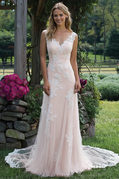 Bohemian Vintage V Neck Lace Tulle Wedding Dress On Sale
