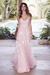 Blushing Pink Wedding Dress With Train A Line Sleeveless Lace V Neck Bridal Gowns