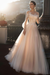 Blushing Pink wedding dresses a line illusion neck long sleeve floor length tulle pleated bridal dress with train