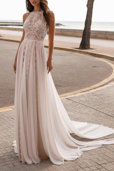 Blushing Pink Wedding Dresses A Line With Court Train Sleeveless Applique Illusion Neckline Bridal Gowns
