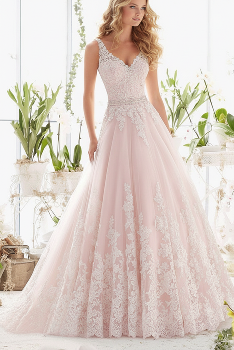 Blushing Pink Wedding Dresses V Neck Sleeveless A Line Lace Embellishment Beaded Sash Bridal Dresses With Train