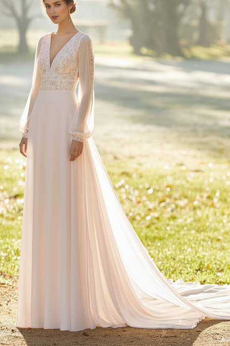 Blushing Pink Wedding Dresses With Court Train A Line Long Sleeves Lace V Neck Bridal Gowns