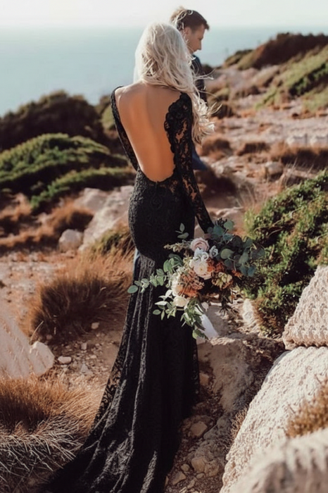 Bohemian Lace Wedding Dress Long Sleeves Backless Boho Bridal Gown - Bridelily Bohemian Lace Wedding Dress Long Sleeves Backless Boho Bridal Gown - Bridelily